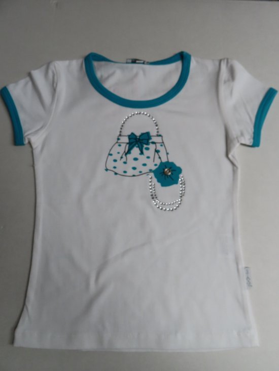 T shirt korte mouwen - Meisjes - Wit / turquoise - Handtas - 6 jaar 116