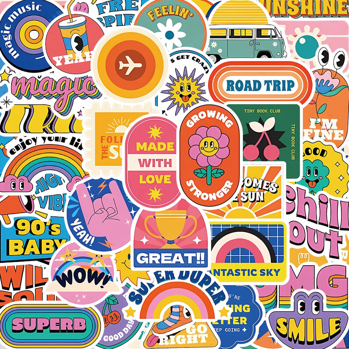 90s Pack Stickers - Vrolijke Nineties Sticker set met teksten: Chill Vibes OMG Cool LOL - 50 stuks Laptopstickers Jaren 90