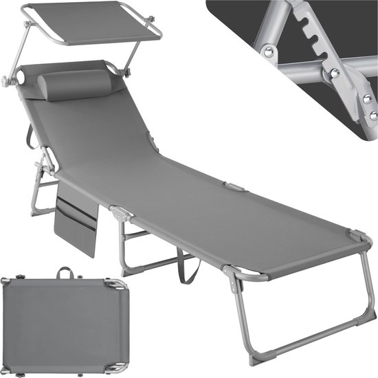 Tectake Ligbed Met Verstelbaar Zonnescherm – Aluminium Opklapbaar – 6 Standen – Voor Tuin, Balkon, Camping & Strand – Zwart