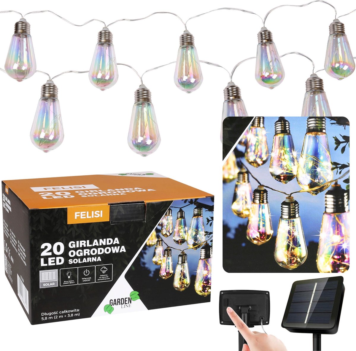 Zonne-tuin guirlande 20 LED, Koud Wit Lichtsnoer 5.8m