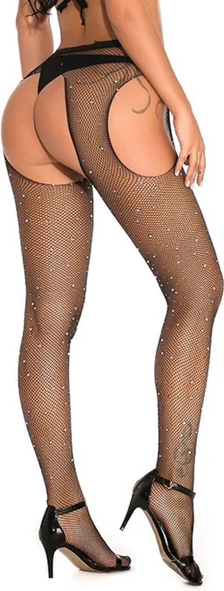 Goedkoopste Erotische Erotische Panty Met Glitters I Lingerie I Fishnet I Sexy Erotisch Ondergoed I Open kruis I One Size I Zwart