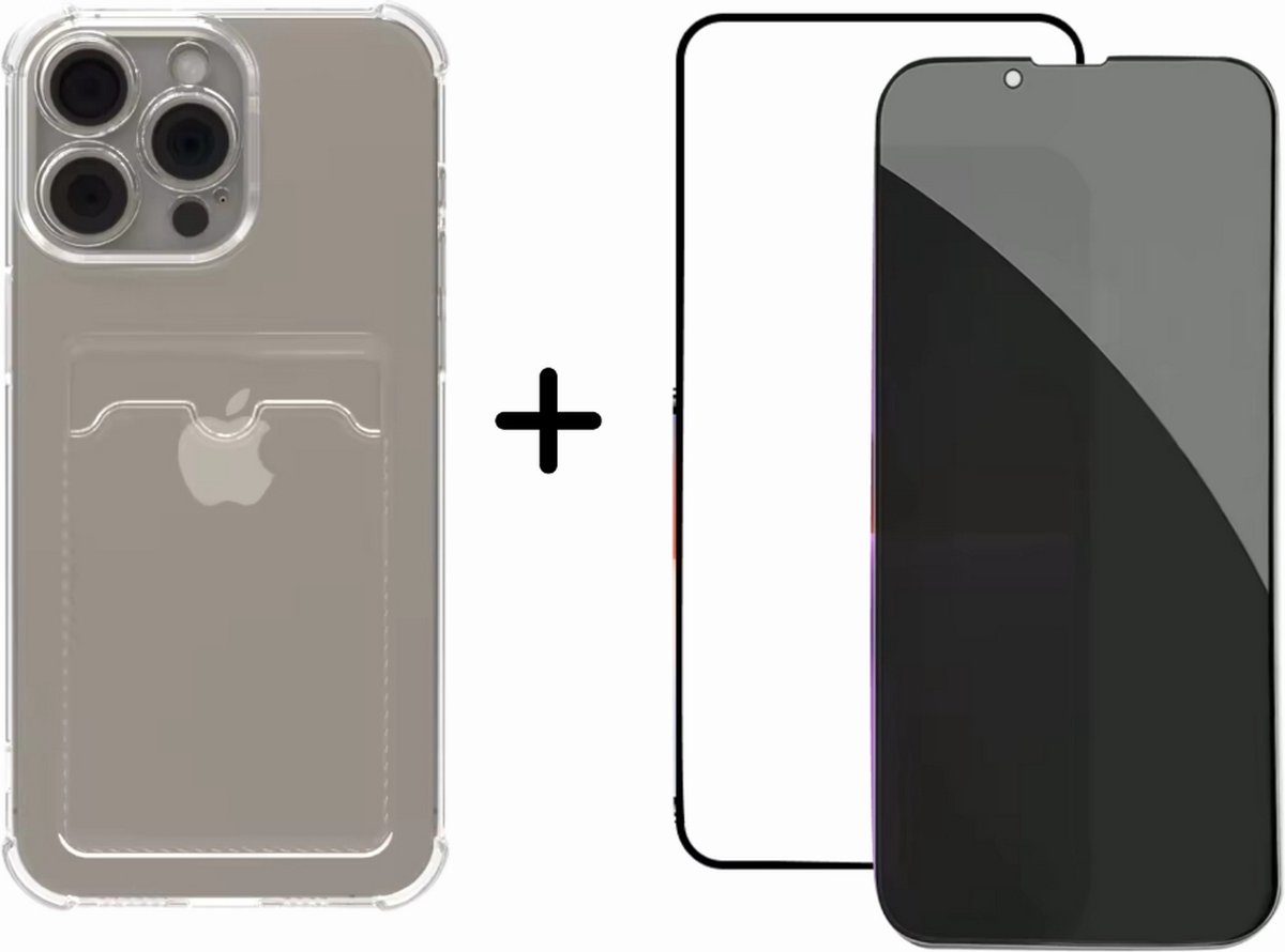 Optimity hoesje voor iPhone 15 PRO Clear Case met Cardholder Transparant + Privacy Anti-Spy Gehard Glas Schermbeschermer