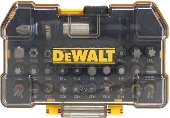 Gele DeWalt bitset in doorzichtige kunststof cassette met scharnierend deksel. De bits zijn georganiseerd in een zwarte houder. 'DEWALT' logo op het deksel.