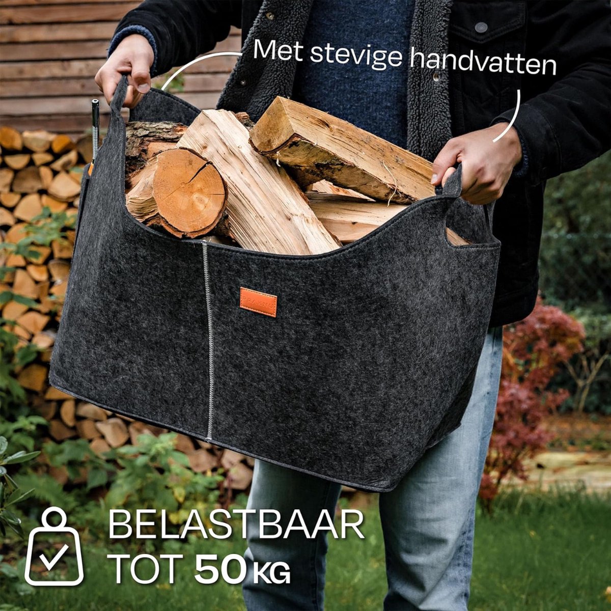 Houten mand voor haardhout, 70 liter, XXL brandhoutmand met versterkte houten handgreep, extra dikke vilten mand, opvouwbare haardhouttas, opbergmand voor boodschappen, speelgoed, 55 x 42 x 30 cm