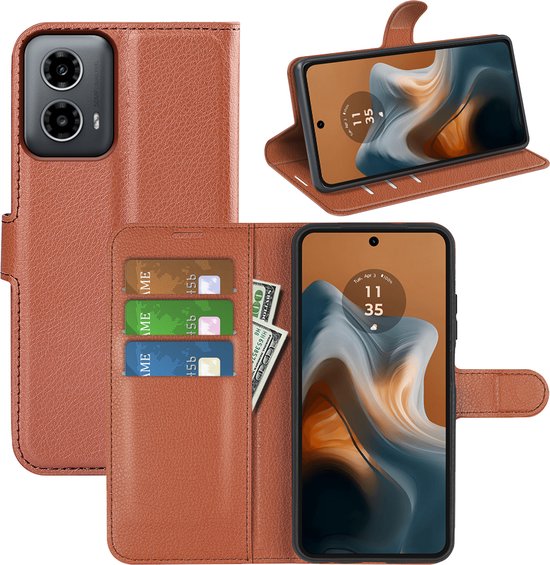 Coque Motorola Moto G34 - MobyDefend Étui portefeuille en similicuir (fermeture avant) - Marron - Étui pour téléphone portable - Étui de téléphone adapté pour Motorola Moto G34