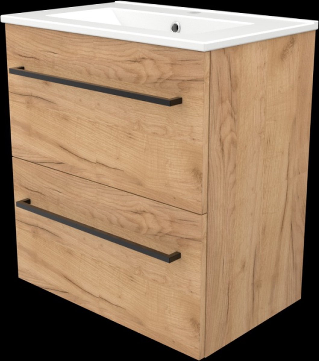 Basic Start 39 badmeubelset met wastafelonderkast met grepen, 2 lades en porseleinen wastafel met 1 kraangat 60 x 39 cm, whisky oak