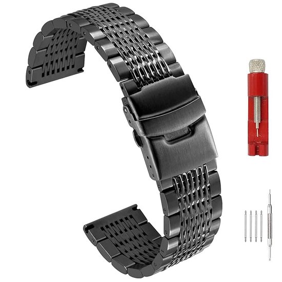 Bracelet de montre 20 mm en acier inoxydable – Bracelet de montre en maille – Avec ensemble d'outils complet – Bracelet de montre solide – Acier inoxydable – Zwart