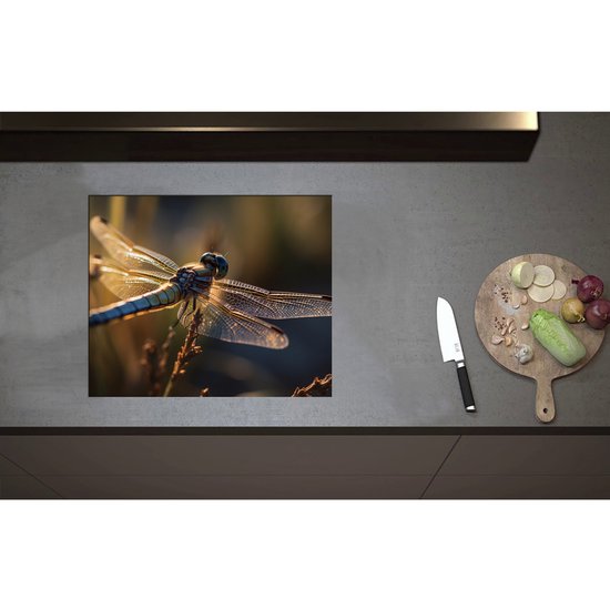 Foto: Inductieplaat beschermer blauwe libel staat op bloem met gedetaileerde doorzichtige vleugels 60x50 cm 2 mm dik inductie beschermer bescherming inductiekookplaat kookplaat beschermer van zwart vinyl