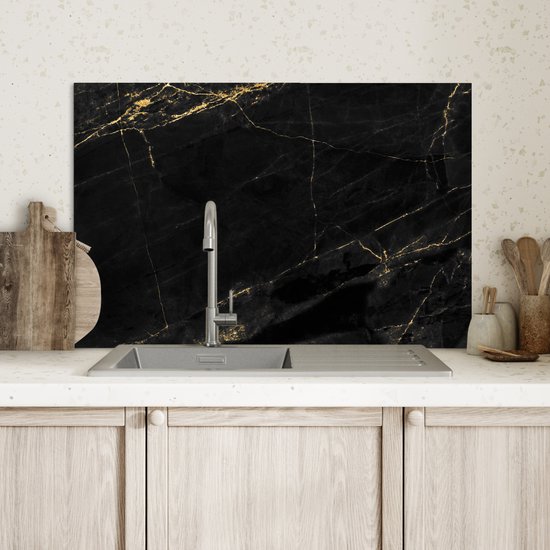 Spatscherm keuken 60x40 cm - Kookplaat achterwand Marmer look - Luxe - Zwart - Goud - Muurbeschermer - Spatwand fornuis - Hoogwaardig aluminium