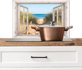 Spatscherm keuken 60x40 cm - Kookplaat achterwand Doorkijk - Strand - Zee - Duinen - Zand - Water - Helmgras - Muurbeschermer - Spatwand fornuis - Hoogwaardig aluminium