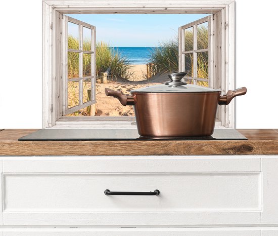 Foto: Spatscherm keuken 60x40 cm kookplaat achterwand doorkijk strand zee duinen zand water helmgras muurbeschermer spatwand fornuis hoogwaardig aluminium