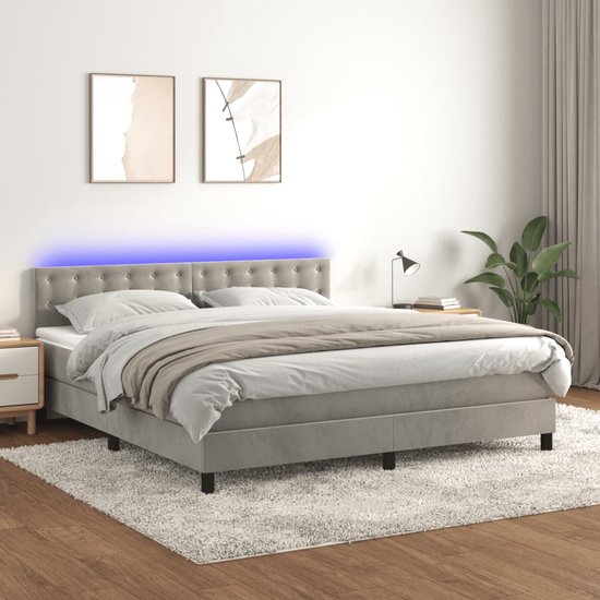 vidaXL - Boxspring - met - matras - en - LED - fluweel - lichtgrijs - 160x200 - cm