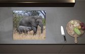 Inductieplaat Beschermer - Babyolifant drinkend bij Moederolifant tussen Hoge Droge Grassen - 58x52 cm - 2 mm Dik - Inductie Beschermer - Bescherming Inductiekookplaat - Kookplaat Beschermer van Zwart Vinyl