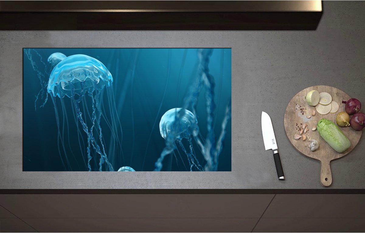 Inductieplaat Beschermer - Blauwe kwallen zwemmen door de zee heen - 85x51 cm - 2 mm Dik - Inductie Beschermer - Bescherming Inductiekookplaat - Kookplaat Beschermer van Zwart Vinyl