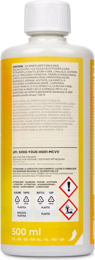 Achterkant van de 500ml fles 'Diamante & Ylang Ylang' met ingrediënten en waarschuwingssymbolen.