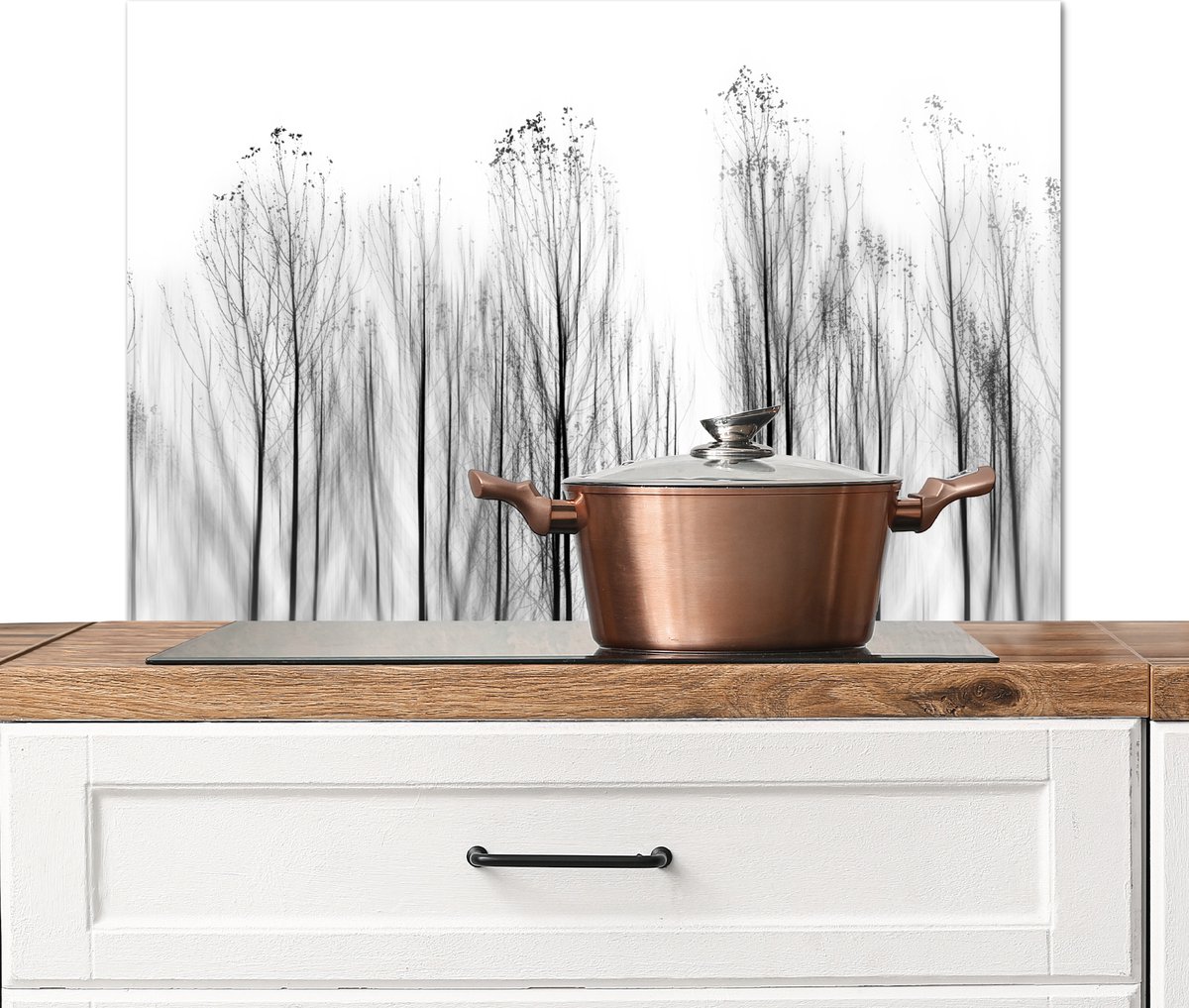 Spatscherm keuken 80x55 cm - Kookplaat achterwand Bomen - Zwart wit - Vogels - Natuur - Muurbeschermer - Spatwand fornuis - Hoogwaardig aluminium