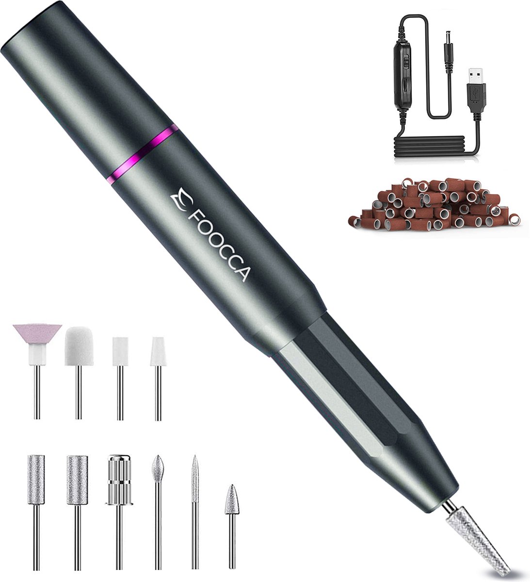 FOOCCA® Pen - Elektrische Nagelvijl 20000 RPM - Bekabelde Nagelfrees - Manicure en Pedicure Set - Ergonomisch - Eeltverwijderaar - Aluminium Behuizing - 11 Bitjes en 55 Schuurrolletjes (uitbreidbaar) op Prijzenvolger.com