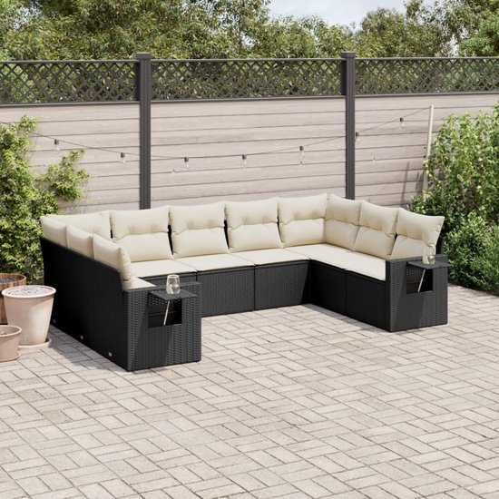 vidaXL - 9-delige - Loungeset - met - kussens - poly - rattan - zwart