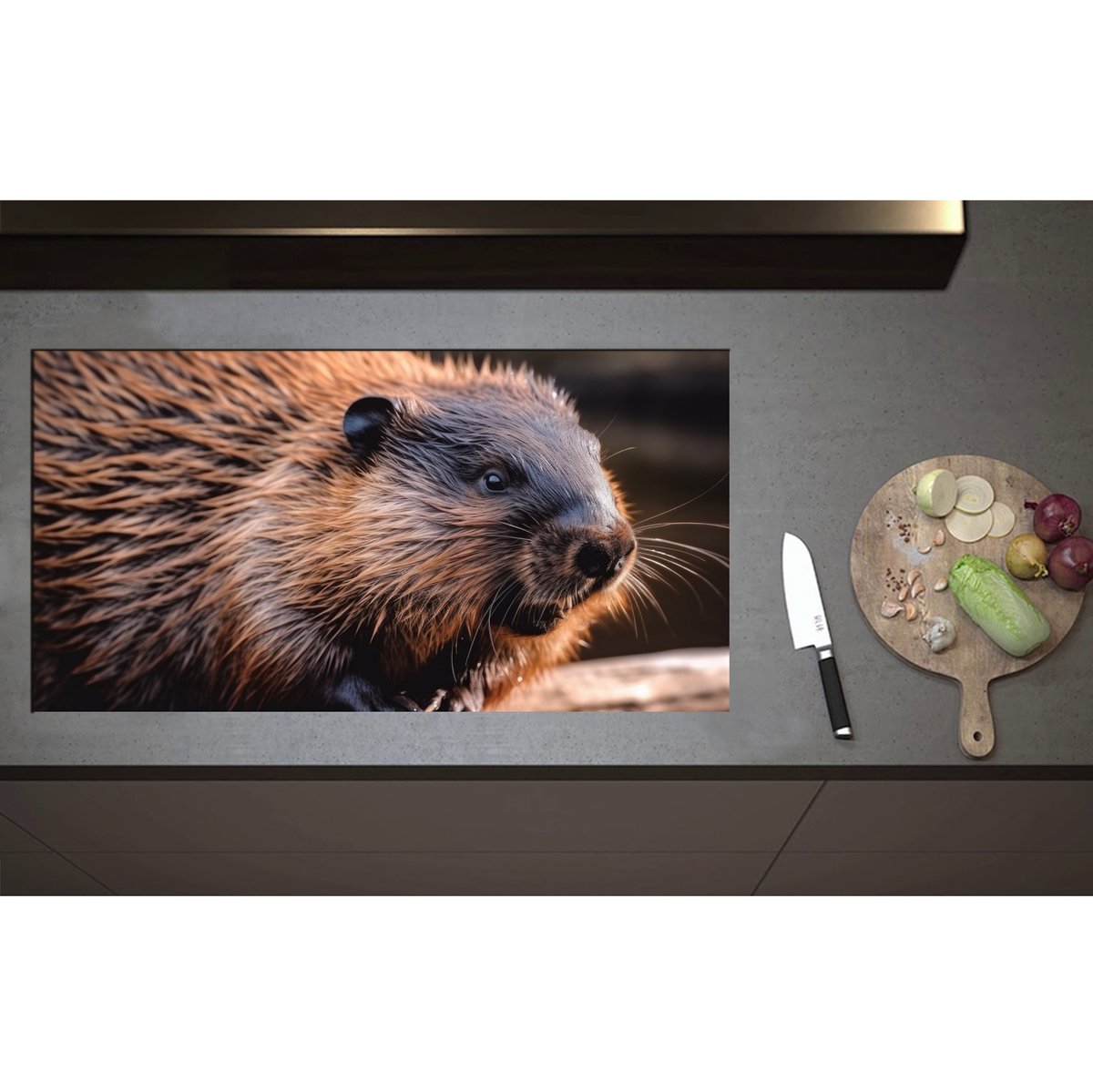 Inductieplaat Beschermer - Bever hangt met poten over stuk hout heen - 95x50 cm - 2 mm Dik - Inductie Beschermer - Bescherming Inductiekookplaat - Kookplaat Beschermer van Zwart Vinyl