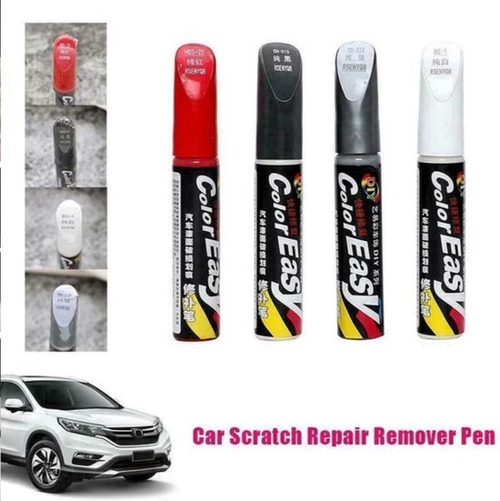 Set van vier "Color Easy" lakstiften (rood, zwart, zilver, wit) met afbeelding van een witte auto.