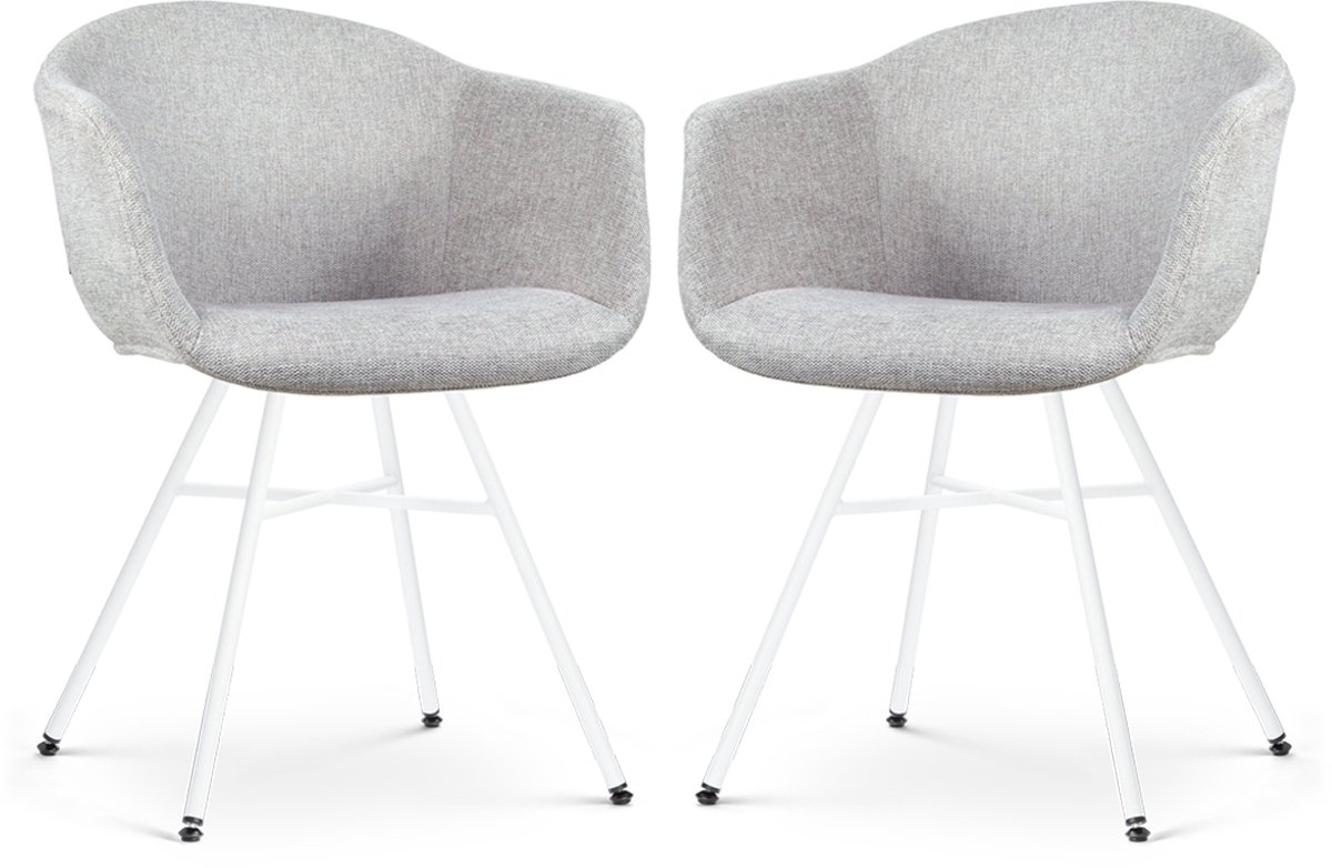 Nolon Noa-Otis Eetkamerstoelen Set van 2 Lichtgrijs - met Armleuning - Stof - Witte Poten - Modern - Industrieel Grijs - Wit onderstel