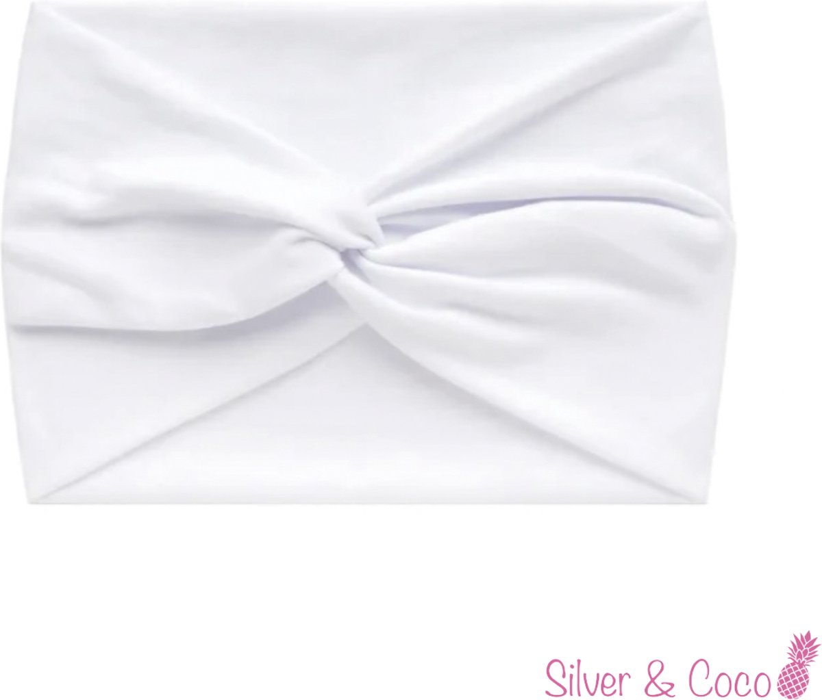 SilverAndCoco® - Brede Haarband Festival Dikke Normale Stoffen Hoofdband Hardlopen / Sport Yoga Boho Diadeem Dames / Elastische Zwarte Haarbanden Breed met Knoop - Wit