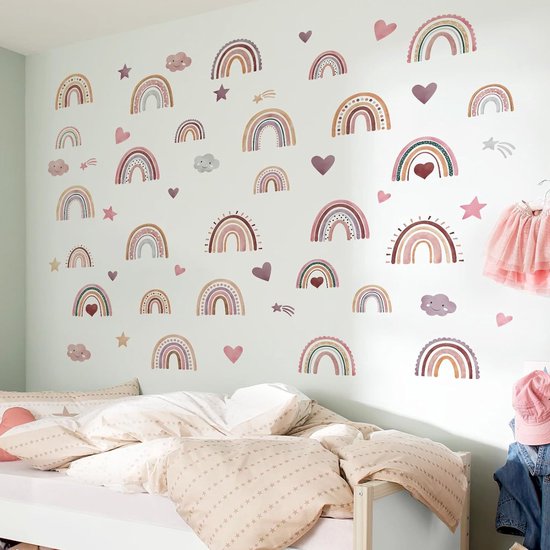Pastel Boho Regenboog. Schattige, Handgetekende Moderne Stickers Voor De Kinderkamer. Kleurrijk