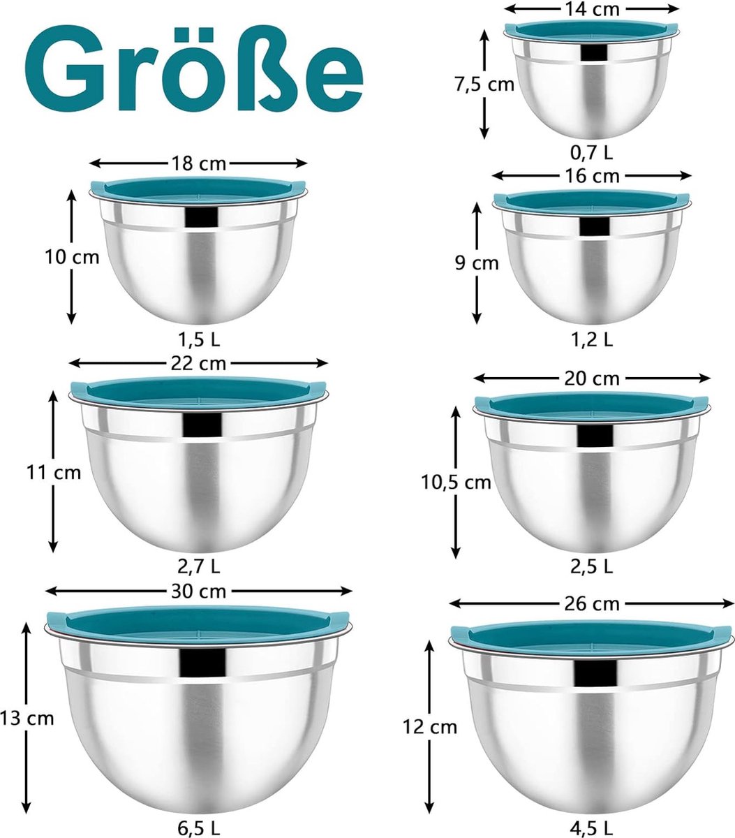 Mengkom Set - 7 stuks roestvrijstalen slakommen voor koken en bakken - Stapelbaar en vaatwasmachinebestendig - Met luchtdicht deksel - In blauw - Verschillende formaten - Ideaal voor serveren - 65/45/27/25/15/12/07 liter.