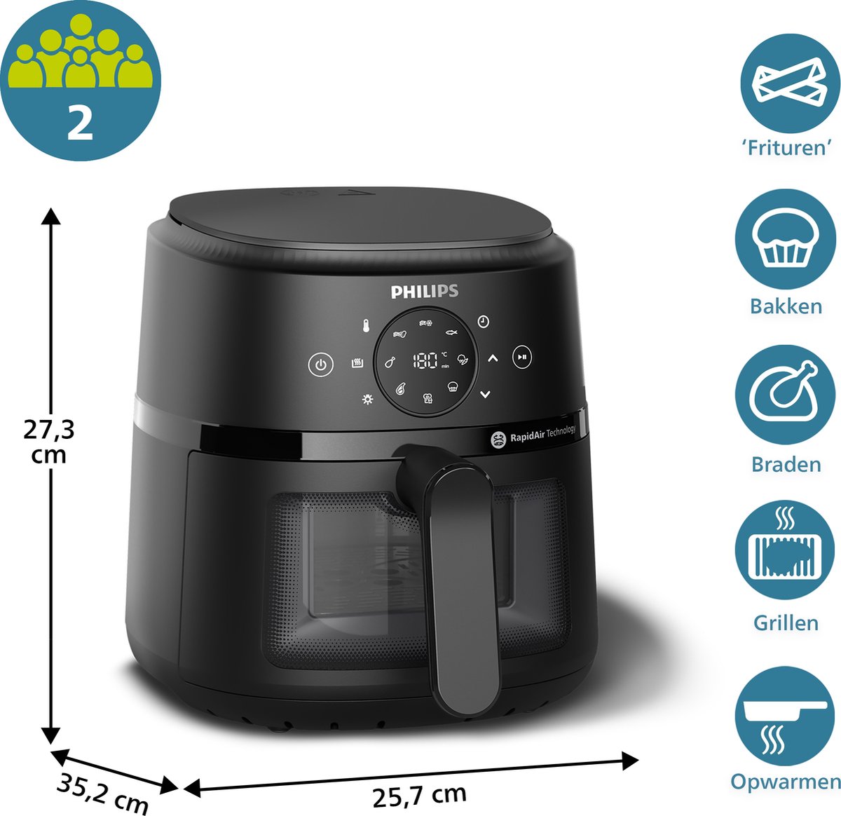 Philips 2000 Series Airfryer - NA210/00 - Kijkvenster - RapidAir - 3.2L - Tot 3 Personen - Zwart — afbeelding 7