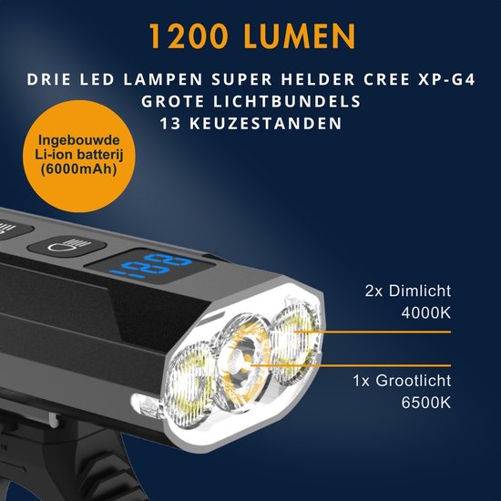 AXIMO Fietslamp 1200 Lumen - Fietsverlichting USB oplaadbaar LED - Aluminium Koplamp - Roteerbaar voorlicht - Waterbestendig(IP65) - 13 keuzestanden — afbeelding 2