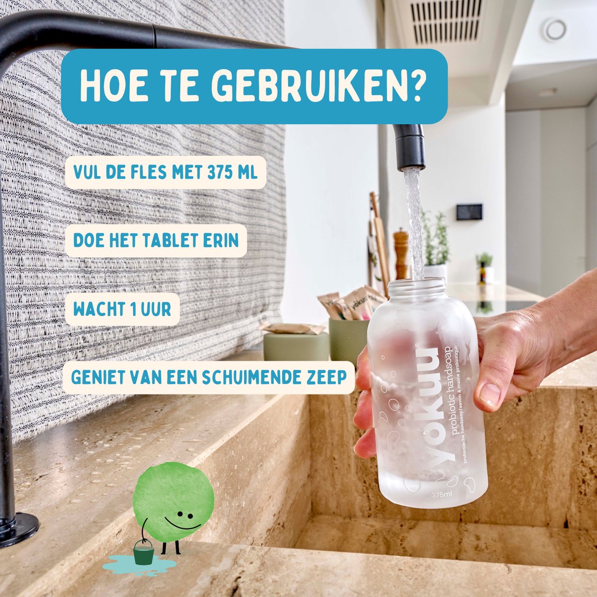 Goedkoopste YOKUU Probiotische Vegan Handzeep –Thijm & Zeezout – 1 Herbruikbare Glazen Fles 3 Parels – Schuimende Waterloze Zeep
