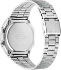 Achterkant van een zilverkleurig Casio horloge met stalen band. Waterbestendig, RVS achterkant.