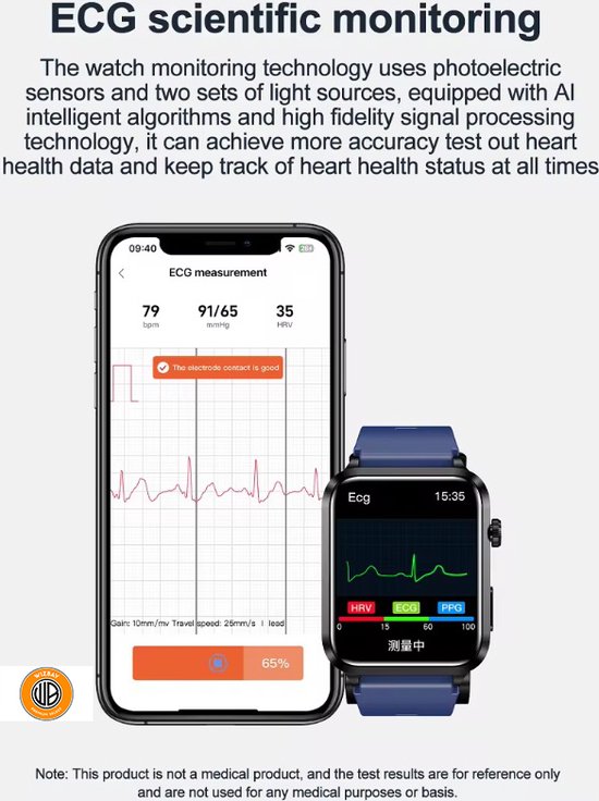 Telefoon toont ECG-meting met een grafiek. Naast de telefoon een donkerblauwe smartwatch met ECG-weergave.