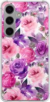 Casimoda® hoesje - Geschikt voor Samsung Galaxy S24 - Rosy Blooms - Shockproof case - Extra sterk - TPU/polycarbonaat - Paars, Transparant