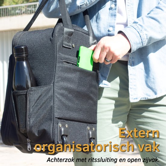 Zwarte reistas met een groen object en een waterfles in het zijvak. "Extern organisatorisch vak"
