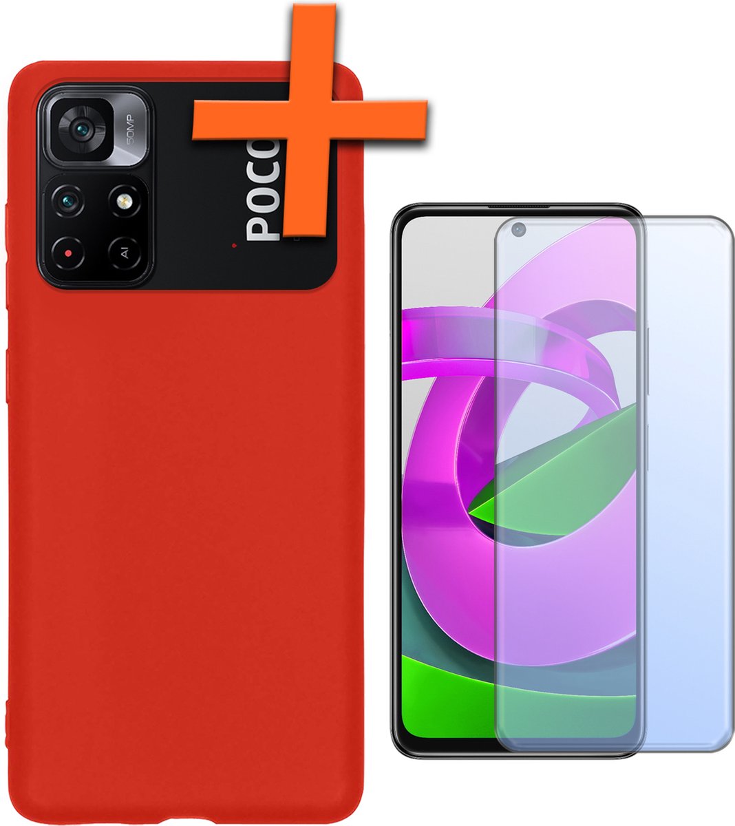 Hoes - Met Screenprotector - Geschikt voor Xiaomi Poco M4 Pro 5G - Sterk & Shockproof - Back Cover - Siliconen Case - Telefoon Hoes - Rood