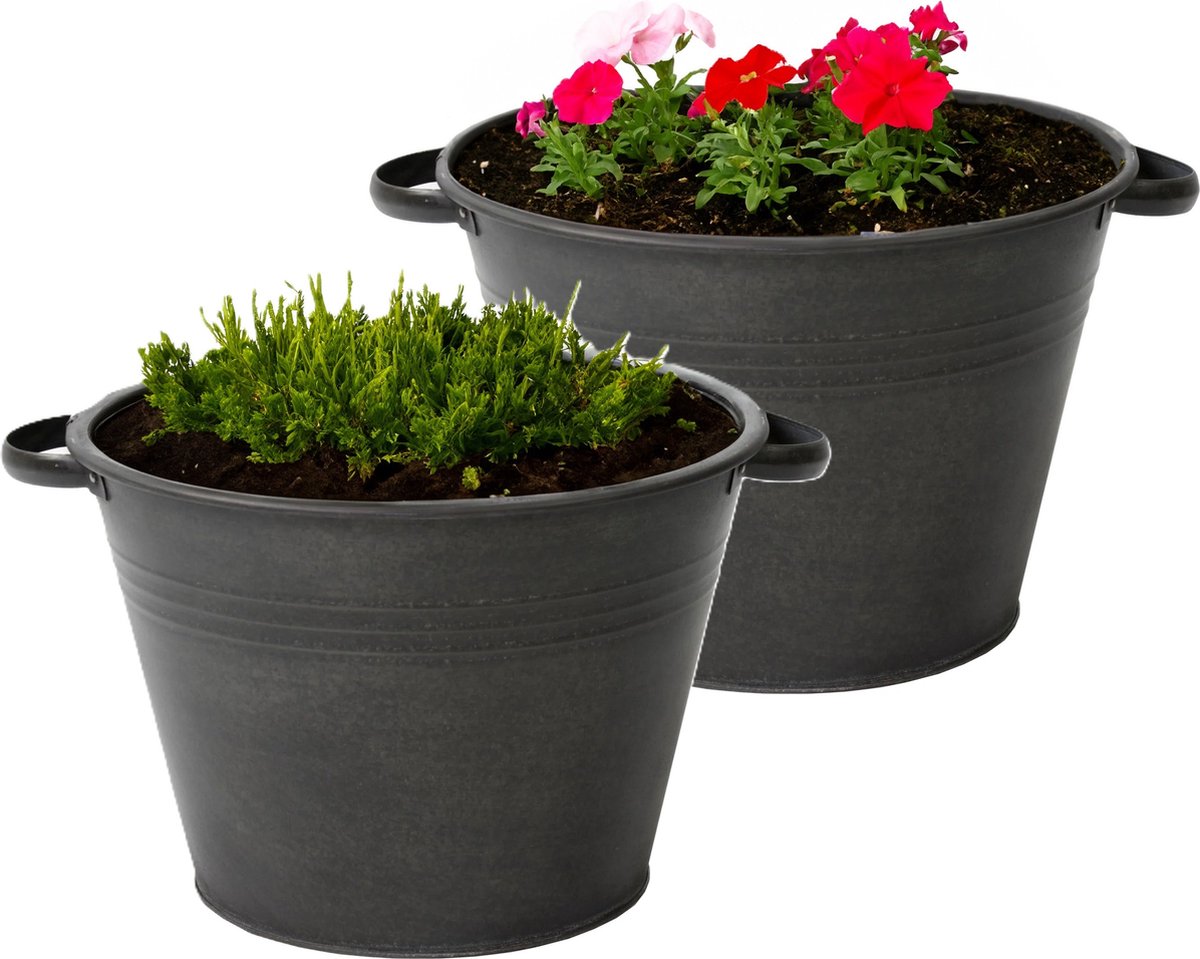 Goedkoopste Mega Collections plantenpot/bloempot Farmer - 2x - zink - zwart - D31 X H21 cm