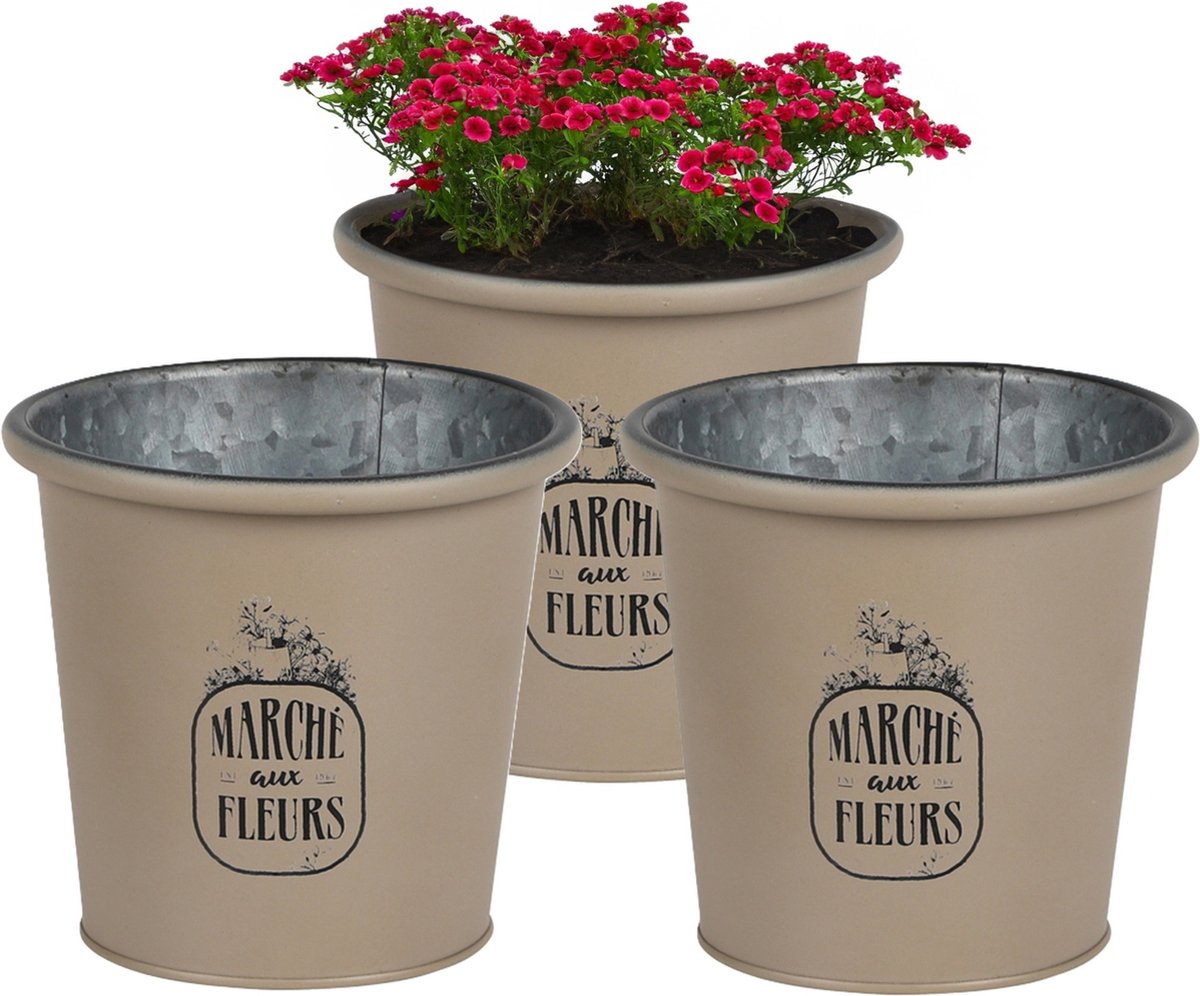 Goedkoopste Sunnydays /plantenpot/bloempot - 3x - zink - taupe - D14 x H13 cm