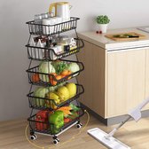 Fruit- en groentemand met wielen, gereedschapshouder voor fruitmand, stapelbaar, 5 niveaus, groentemand voor keuken, voorraadkast, toilet