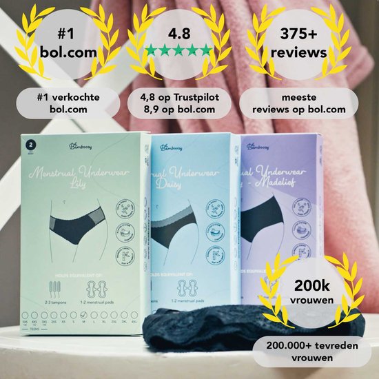 Trois emballages de culottes menstruelles Bamboozy (Lily, Daisy, Madelief) et une culotte noire. Texte sur les avis, les femmes satisfaites et les articles les plus vendus.