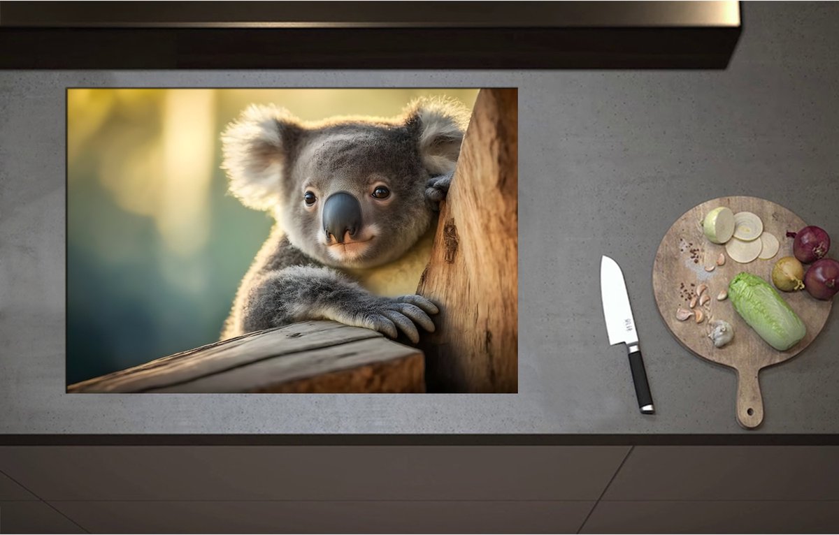 Inductieplaat Beschermer - Aandoenlijke Koala van Achter Boom - 80x55 cm - 2 mm Dik - Inductie Beschermer - Bescherming Inductiekookplaat - Kookplaat Beschermer van Wit Vinyl