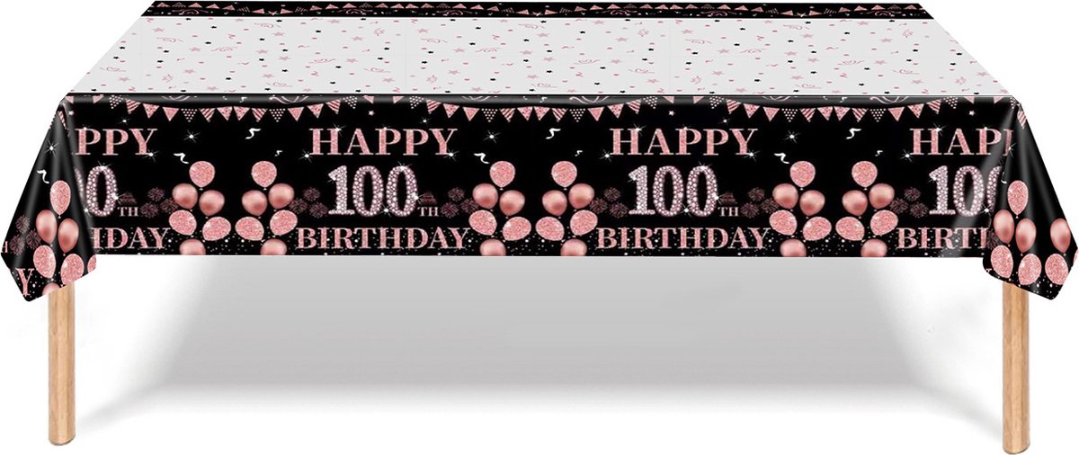 Tafelkleed 100 Jaar Verjaardag Versiering Tafelloper Plastic Tafelzeil Zwart Rosegoud Feest Tafellaken Xl Formaat
