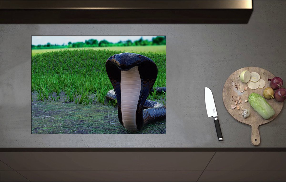 Inductieplaat Beschermer - Aanvallende Zwarte Cobra Slang bij Groenkleurig Grasveld - 71x52 cm - 2 mm Dik - Inductie Beschermer - Bescherming Inductiekookplaat - Kookplaat Beschermer van Wit Vinyl