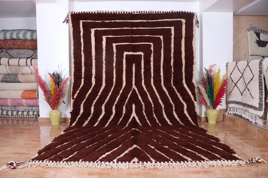 Traditioneel Azilal vloerkleed - 300 x 190 cm - bruin gekleurd - handgeweven kunstwerk - uniek - 100% wol, hoogpolig tapijt