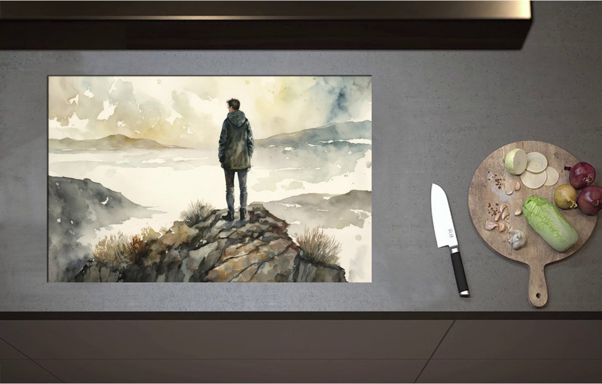 Inductieplaat Beschermer - Acryl Tekening van Eenzaam Persoon op Hoge Boom - 80x52 cm - 2 mm Dik - Inductie Beschermer - Bescherming Inductiekookplaat - Kookplaat Beschermer van Wit Vinyl