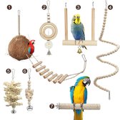 Pak van 7 papegaaienspeelgoed, vogelspeelgoed, parkietenspeelgoed, kokosnootvogelkooi met ladder, schommelspeelgoed, zitstok en kauwspeeltje, voor kaketoes parkietenspeelgoed