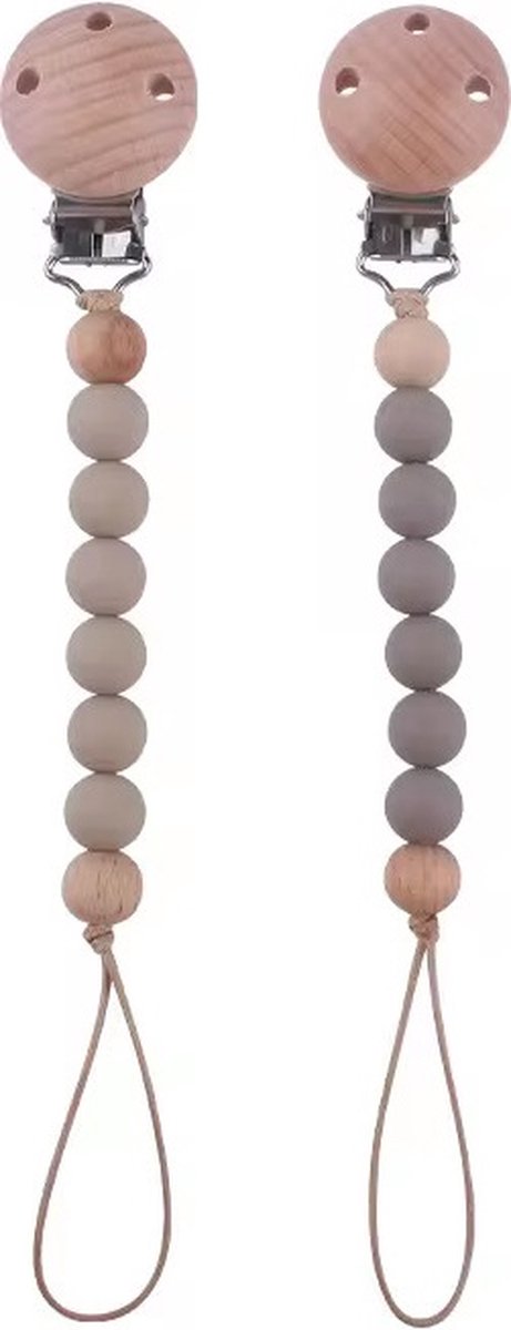 Goedkoopste 2 Stuks - Houten Speenkoord Baby - Siliconen Kralen - Beige & Taupe/Grijs