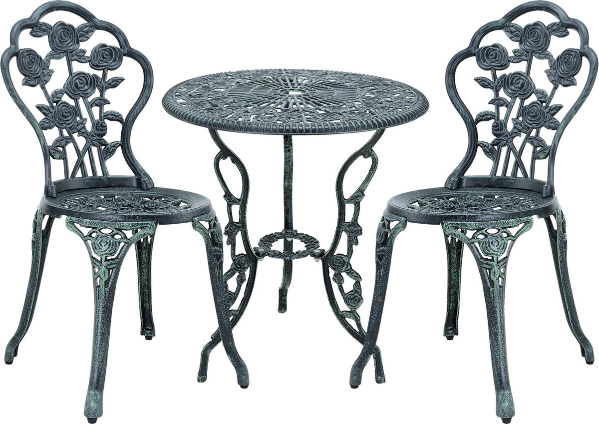 Groen gietijzeren bistroset met 2 tuinstoelen, stijlvol design voor balkon.