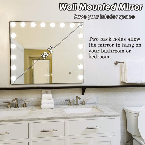 Miroir de Maquillage Bluetooth avec lumières 18 lampes LED Miroir Hollywood avec port de chargement USB 3 températures de couleur Grand miroir de maquillage pour miroirs de table ou miroir mural Zwart