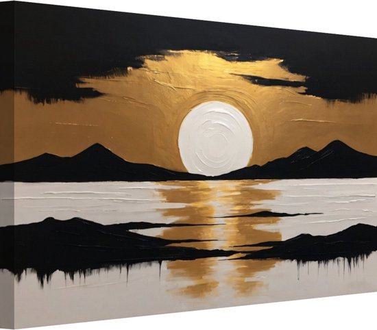 Een schilderij van een zonsondergang, met zwarte bergen, witte zee en een gouden zon met weerspiegeling.